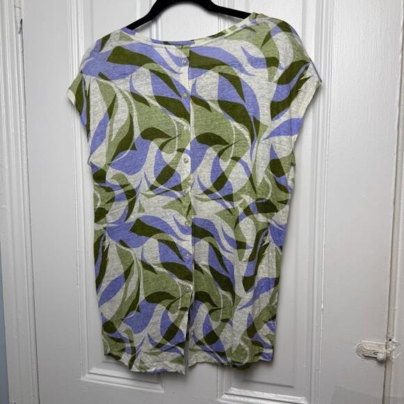 Abstract Linen Blouse Womens Large Purple Green Short Sleeve Beachy Summer - Picture 3 of 6